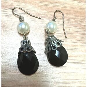 Black Faceted Teardrop Pearl Dangle Earrings Vintage Gothic
